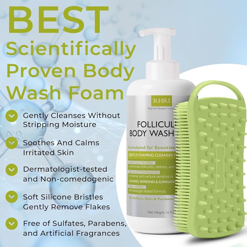 Folliculitis Treatment Body Wash - Foaming Cleanser for Sensitive Skin | Redness Relief, Sulfate-Free with Bonus Scrubber Brush