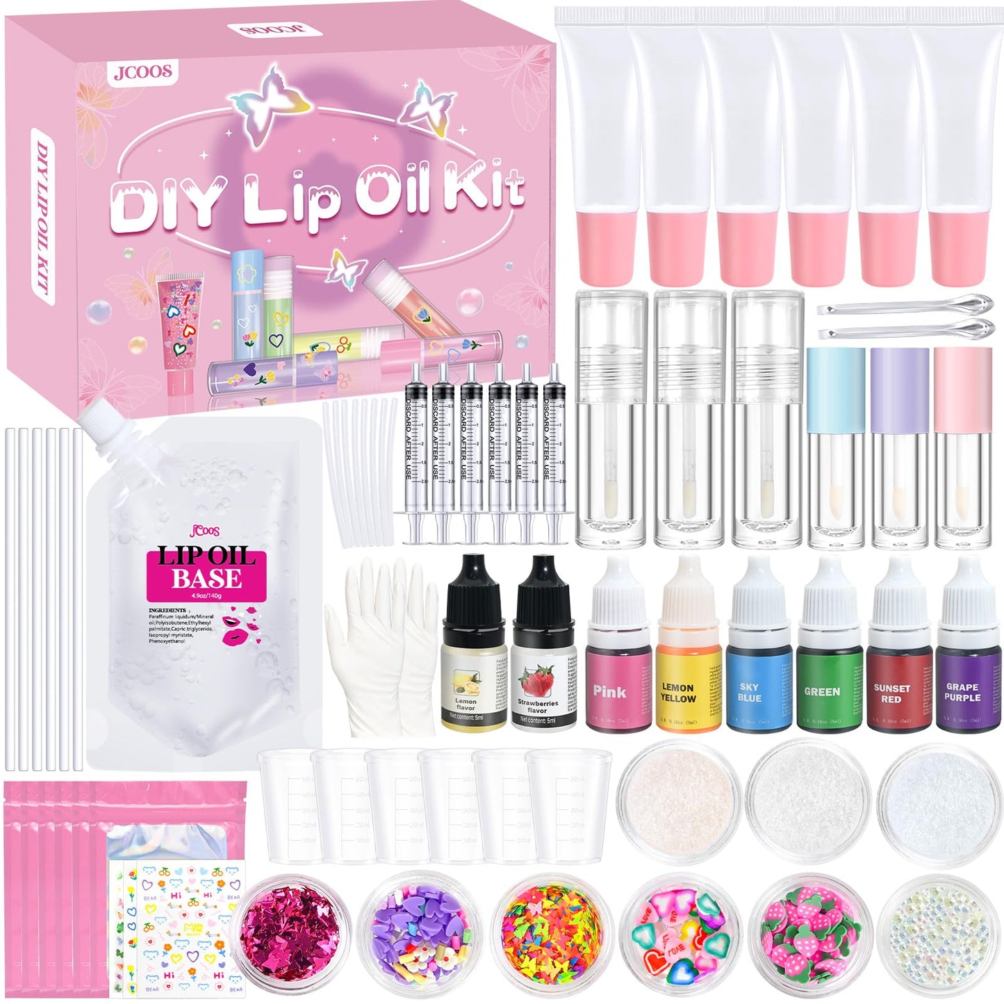 Jcoos DIY Lip Gloss Oil Make Your Own Lip Gloss Kit, Inspired Lip Oil Base with Pigment, Flavoring Oil, Glow Tubes, DIY Lip Gloss Making Kit, Moisturizing Lipglosses for Girls Women Christmas Gifts