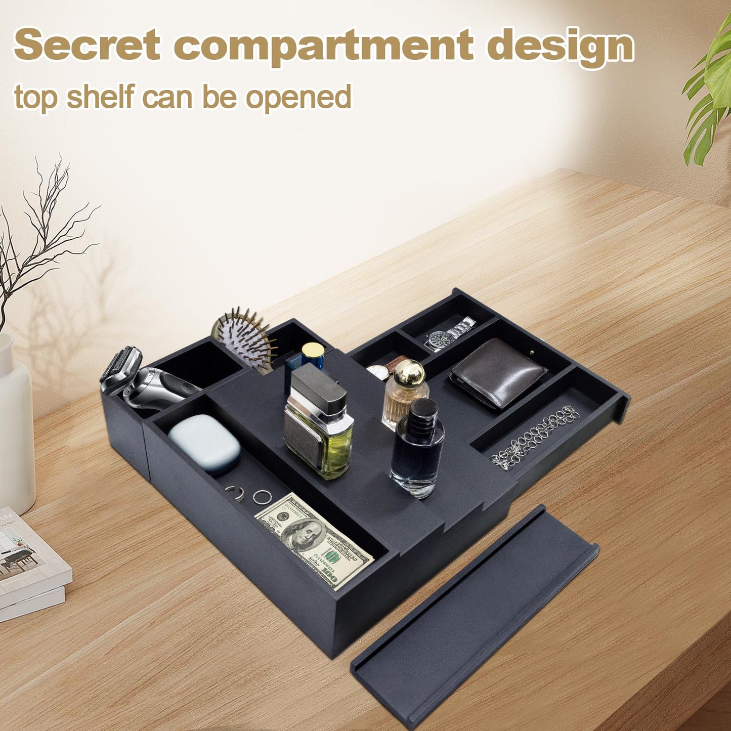 4 Tier Wood Cologne Organizer Stand for Men Wooden Black Perfume Shelf Fragrance Display Risers with Drawer Hidden Compartment Cologne Holder Wood Dresser