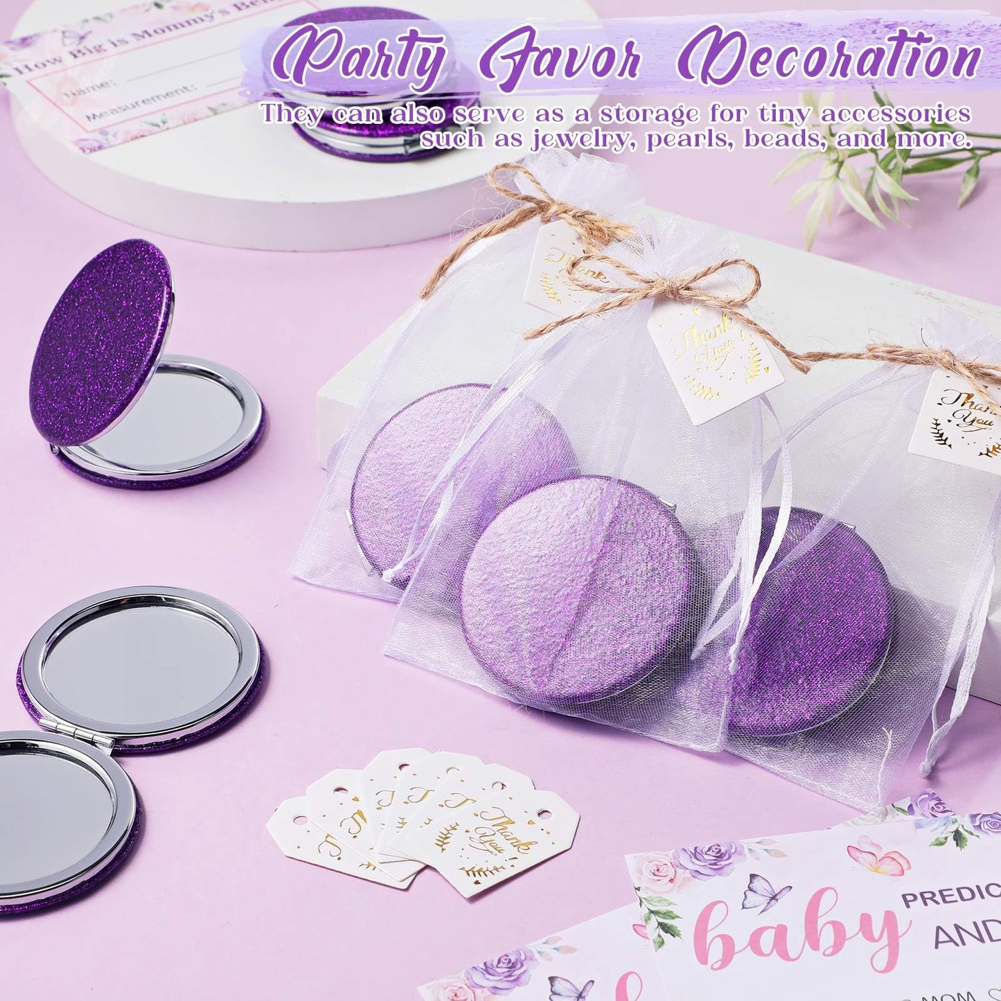 Chunful 30 Sets Compact Magnifying Mirrors Gifts with Thank You Card and Rope Quinceanera Party Favors for Guests Bridal Shower Wedding Souvenir Bridesmaids Mother's Day(Purple)
