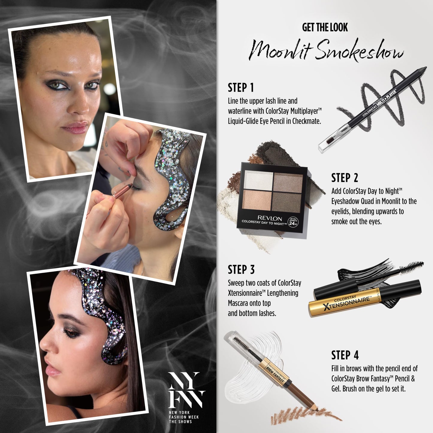 Revlon Moonlit Smokeshow Bundle as featured in Christian Siriano’s NYFW show, ColorStay Eyeshadow Quad, Multiplayer Eye Pencil, Xtensionnaire Mascara, and Brow Fantasy, Pack of 4