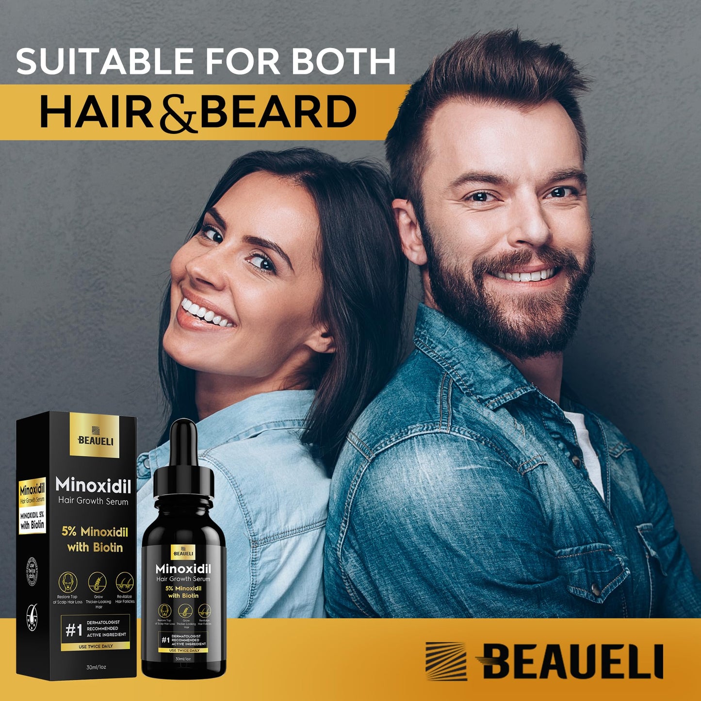 Beaueli 5% Minoxidil for Men and Women, Hair Growth, Beard Growth, Hair Regrowth, Unscented Drop, 3 Fl Oz, 3 Bottles