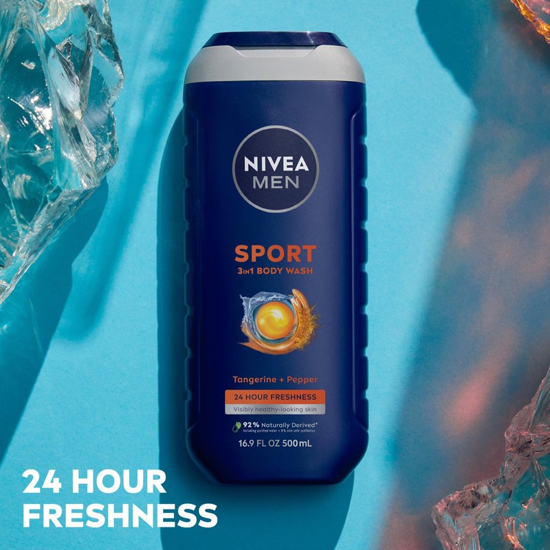 NIVEA MEN Sport Body Wash with Revitalizing Minerals, Tangerine and Pepper Scent, 3-in-1 Men's Body Wash, Face and Hair, Paraben Free, Vegan Formula, 16.9 Fl Oz Bottle, Pack of 3