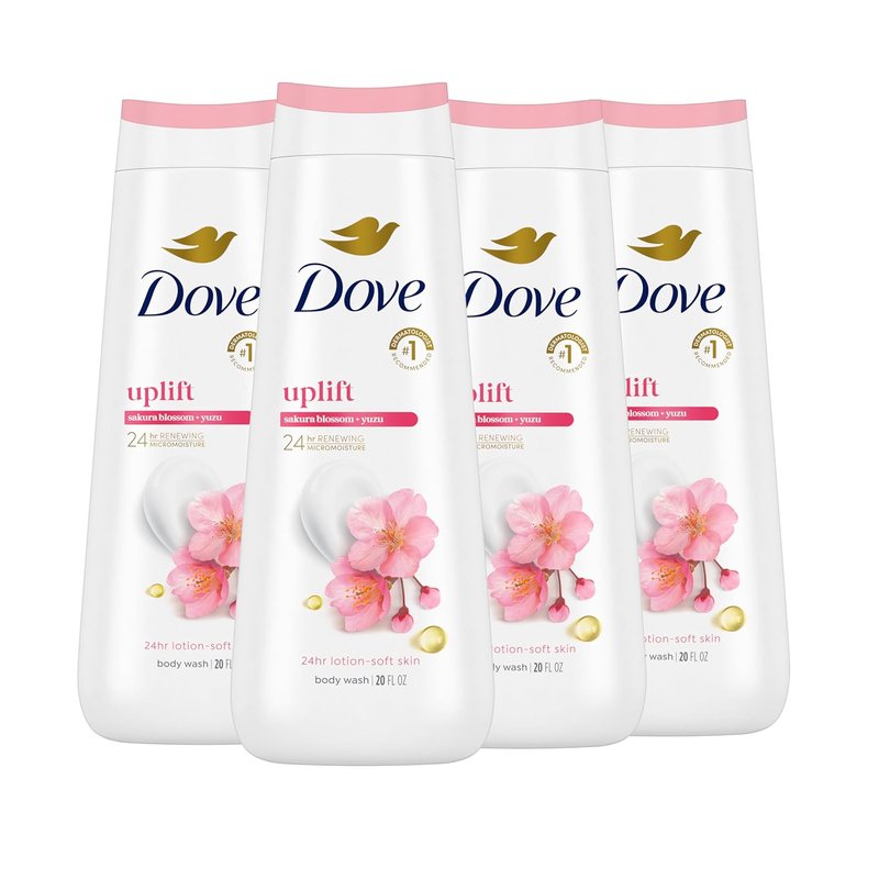 Dove Body Wash - 24HR Moisturizing Cleanser with Sakura Blossom & Yuzu | 4 Count, Sulfate-Free