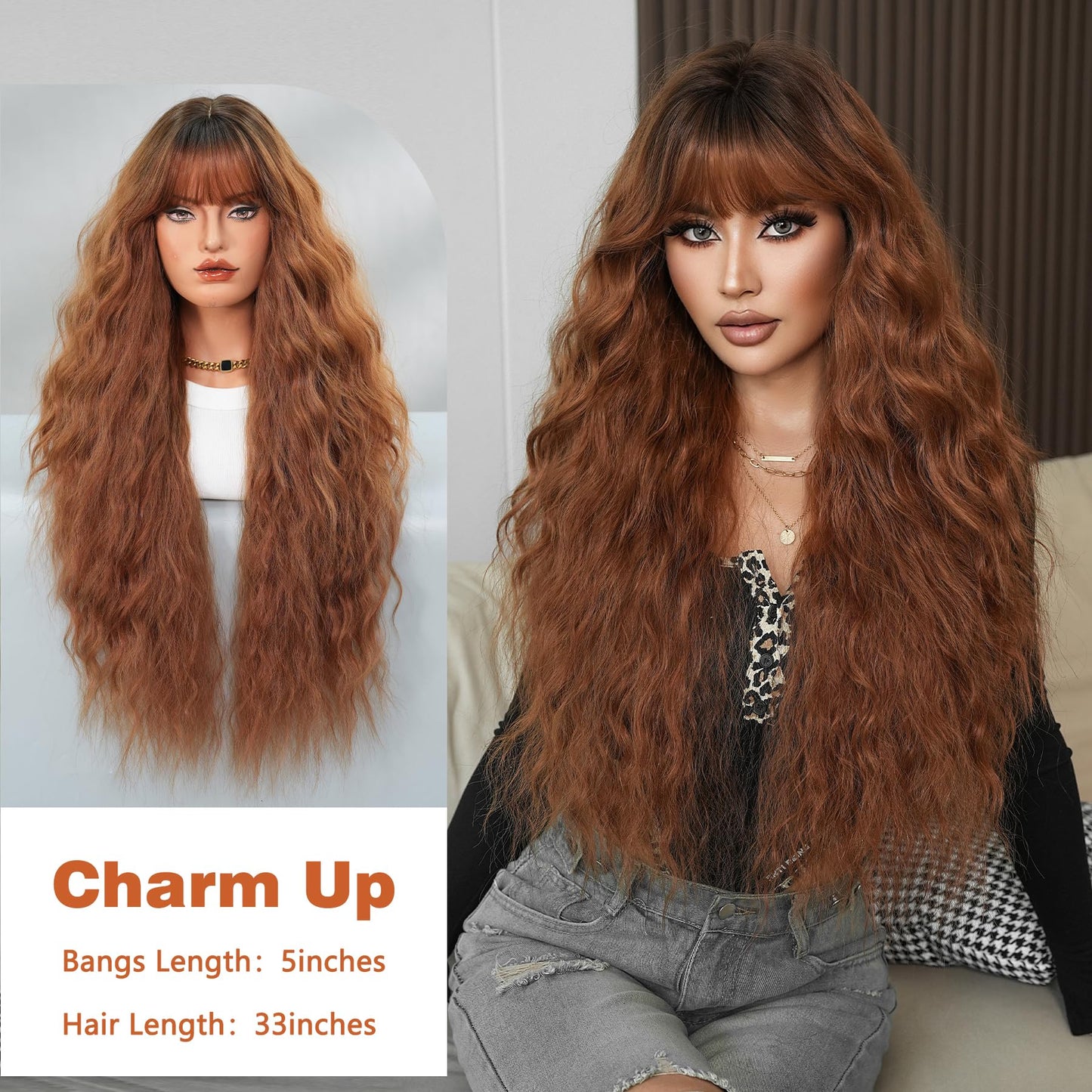PARK YUN 33In Auburn Brown Curly Wig with Bangs Chestnut Red Heat-Resistant Synthetic Wig Natural Looking Wigs for Daily Use Cosplay Party Gifts for Women