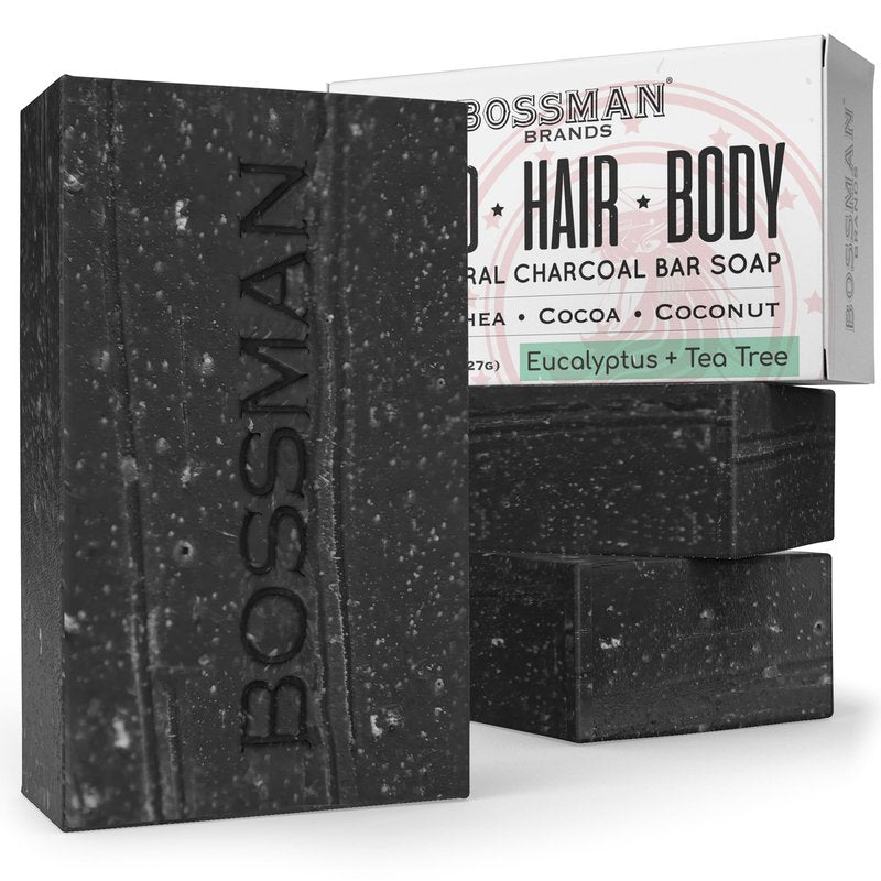 Bossman 3-Pack 4-in-1 Charcoal Soap Bar (4 oz) – Bar Soap for Men – All-Natural Beard Wash, Shampoo, Body Wash & Shaving Solution – Eucalyptus & Tea Tree Scent
