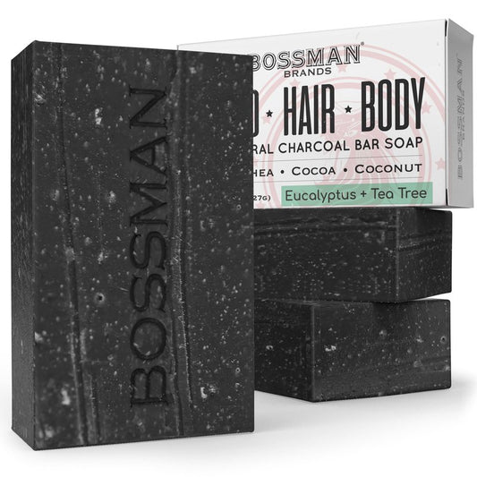Bossman 3-Pack 4-in-1 Charcoal Soap Bar (4 oz) – Bar Soap for Men – All-Natural Beard Wash, Shampoo, Body Wash & Shaving Solution – Eucalyptus & Tea Tree Scent