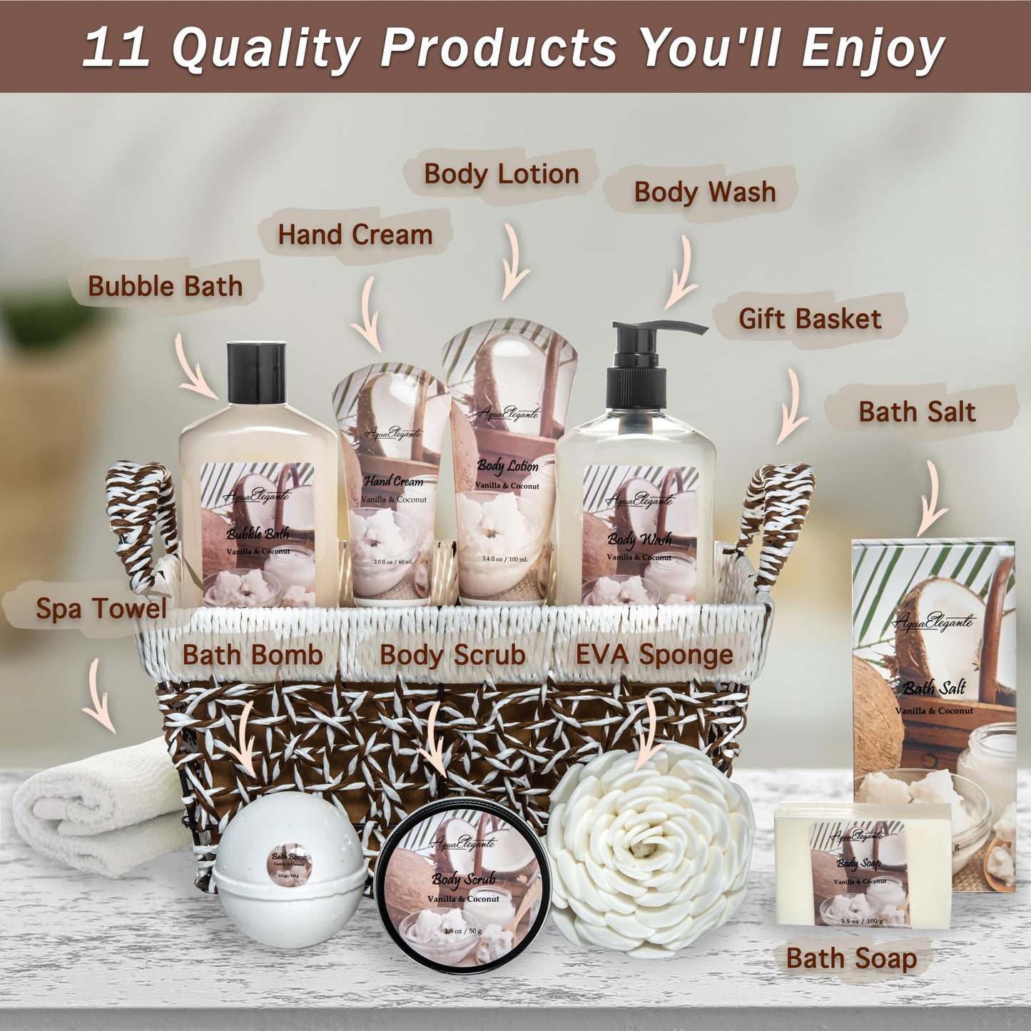 Aqua Elegante Bath Basket For Women - Deluxe Spa Set with Wash, Bubble Bath, Lotion, Salts, Body Scrub, Towel, Shower Puff, Bathbombs, Reusable Basket, Gifts for Mom, Wife, Her - Honey & Almond