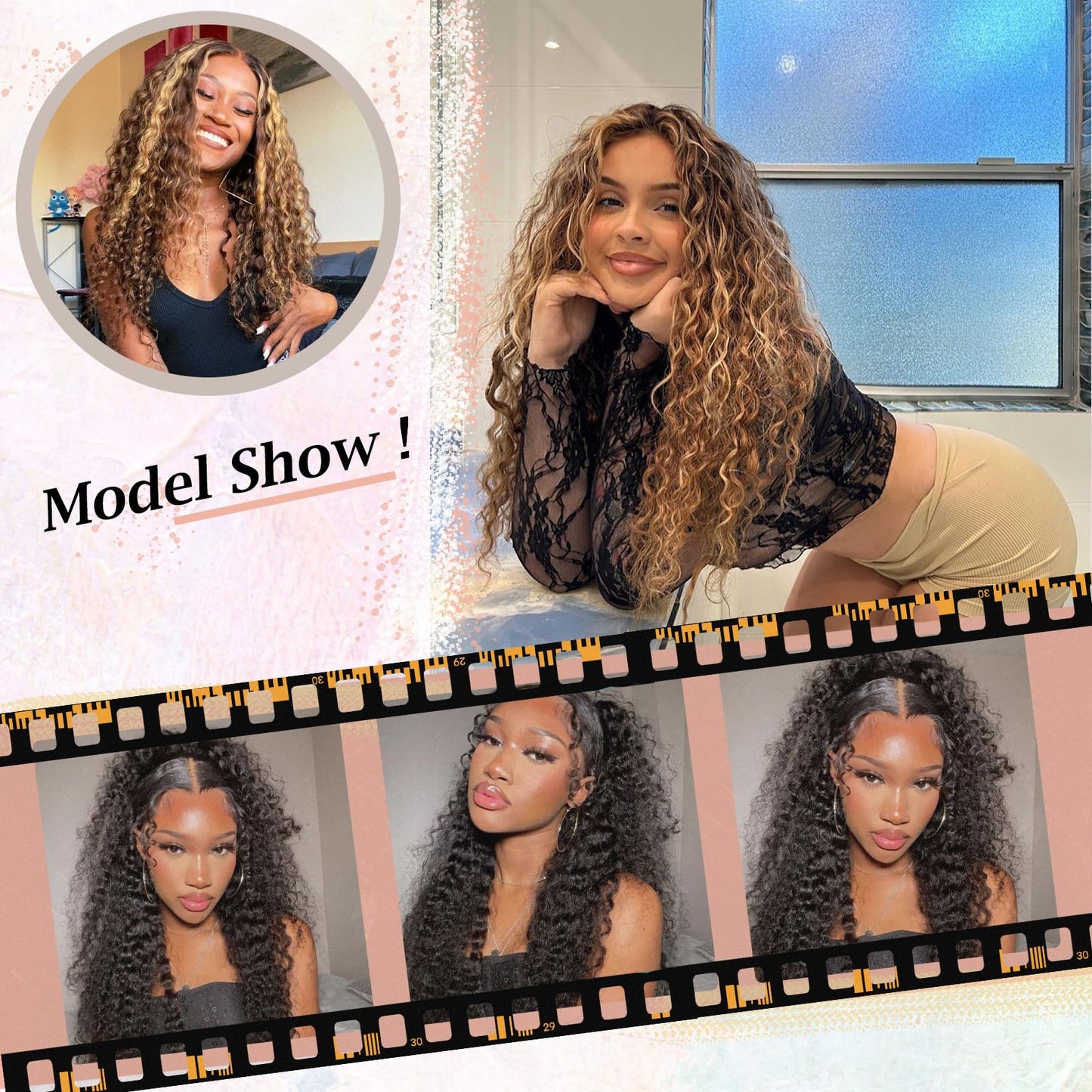 YKHJH 26 Inch Black Synthetic Lace Front Wig,100％ Protein Silk Deep Water Wave Lace Front Wig,Curly Glueless Wigs For Black Women,Hair Replacement Wigs Perfect for Daily & Party Use (Black)