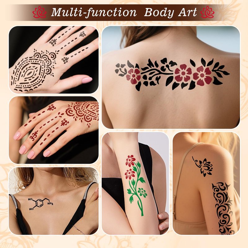 Temporary Tattoo Stencils Kit - 4 Pcs Tattoo Cones 3 Colors Ink (Brown,2* Black,Maroon) |Tattoo Stencils Kit Includes Reusable Stencils, & Gloves | DIY Body Art for Kids & Adults Party Gifts