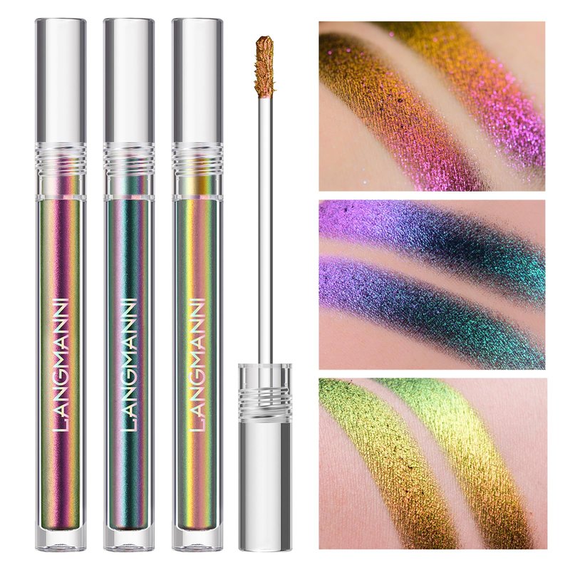 BIOKUSY 3 Colors Metallic Liquid Chameleon Eyeshadow, Multi-Dimensional Eye Looks, Long-lasting Holographic Glitter Multichrome Eyeshadows Makeup (#Peacock+Wonder+Ember)