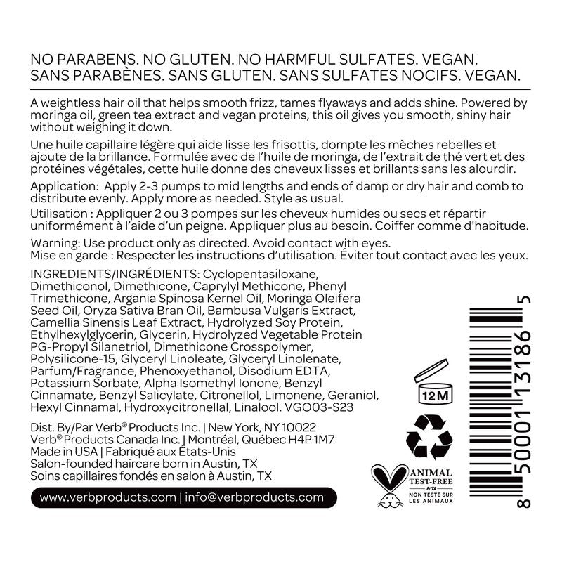 VERB Ghost Oil, 0.54 fl oz – Vegan Weightless Hair Oil- Nourishes and Promotes Shiny Hair – No Parabens or Harmful Sulfates