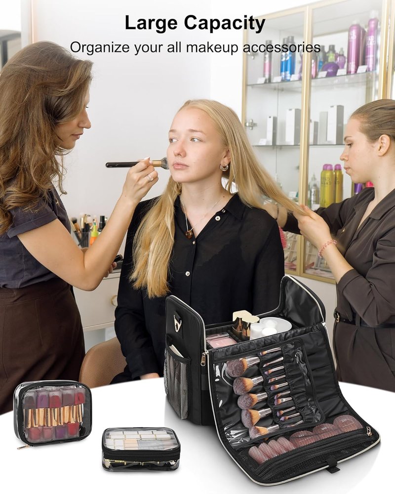 Makeup Carrying Train Case - Professional Makeup Organizer with Adjustable Dividers & Shoulder Strap | Black