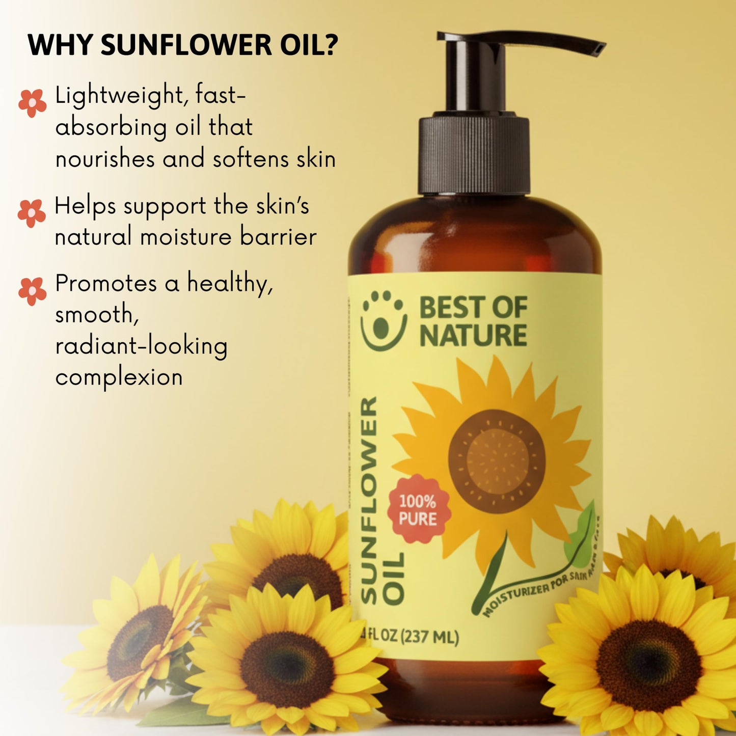 Best of Nature 100% Pure Sunflower Massage Oil, Lightweight Deep Moisturizing Unscented Oil for Skin, Body & Massage, Nourishing Hydration for Hair & Face, 1 Gallon (128 fl oz)