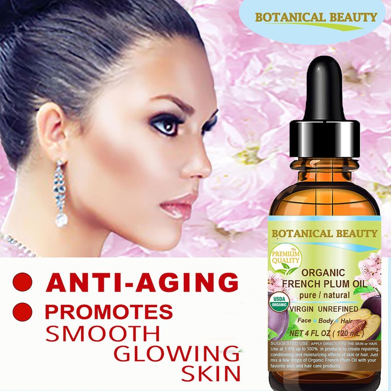 Botanical Beauty Organic French PLUM OIL 100% Pure Natural VIRGIN UNREFINED Cold-Pressed Carrier Oil for Face, Skin, Body, Hair, Lip, Nails. Rich in Vitamin E, Omega 6, Omega 9 (2 Fl Oz)