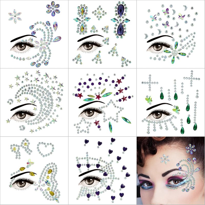 Face Gems - 8 Sheets of Mermaid Body Jewels with Rhinestones | Crystal Stickers for Parties & Festivals