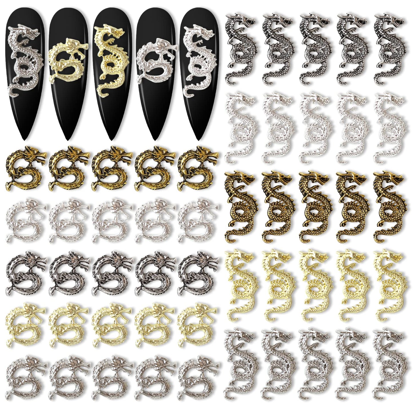 SILPECWEE 50pcs 3D Dragon Nail Charms for Acrylic Nails 3D Nail Art Charms Metal Nail Dragon Studs Alloy Nail Jewels Decorations for Nails Salon Accessories Craft Making