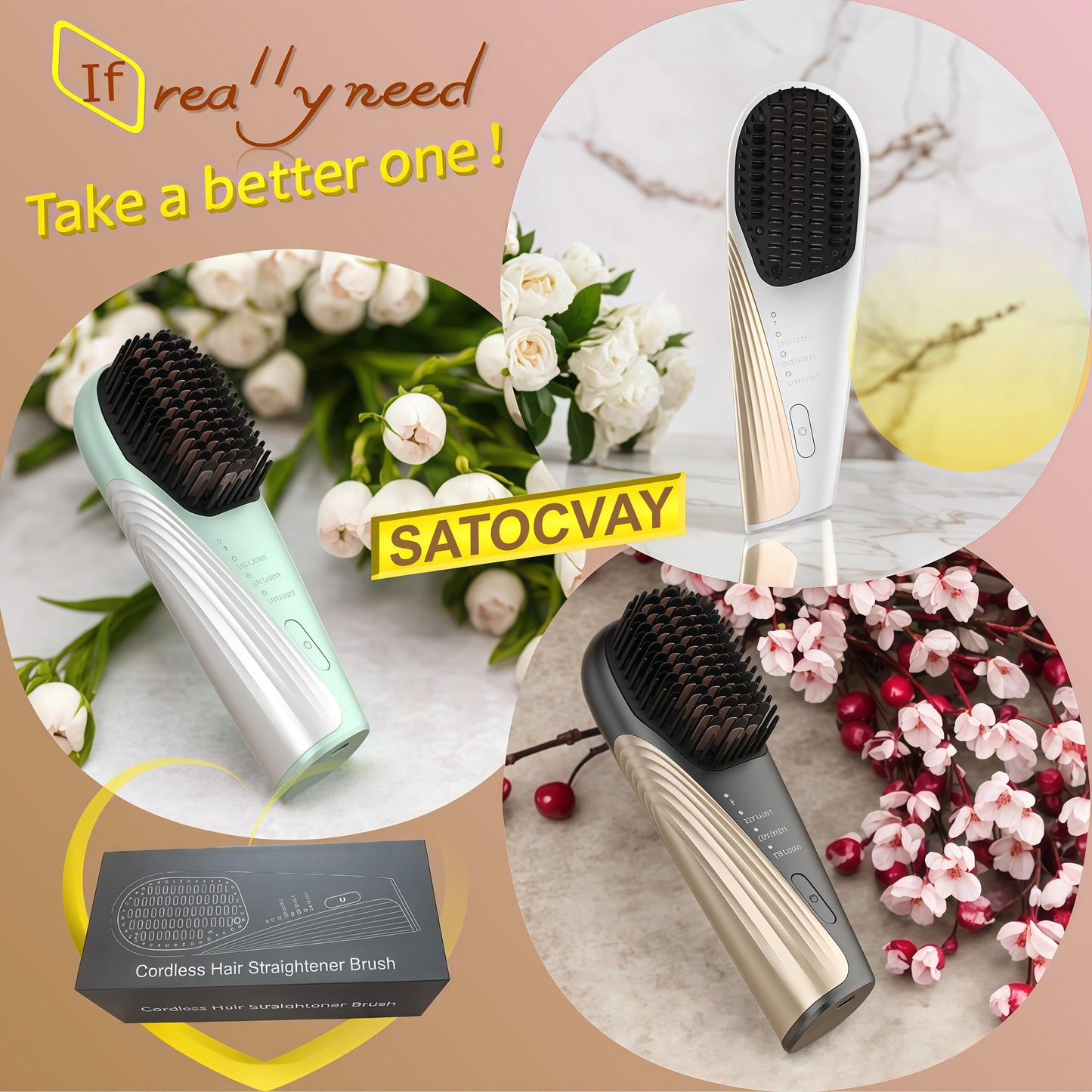 Go Brush Pro Cordless Hair Straightener Brush - Portable Travel-Friendly, 30s Quick Heat, 10000mAh USB-C Rechargeable, 150M Negative Ions (White(10000mAh))