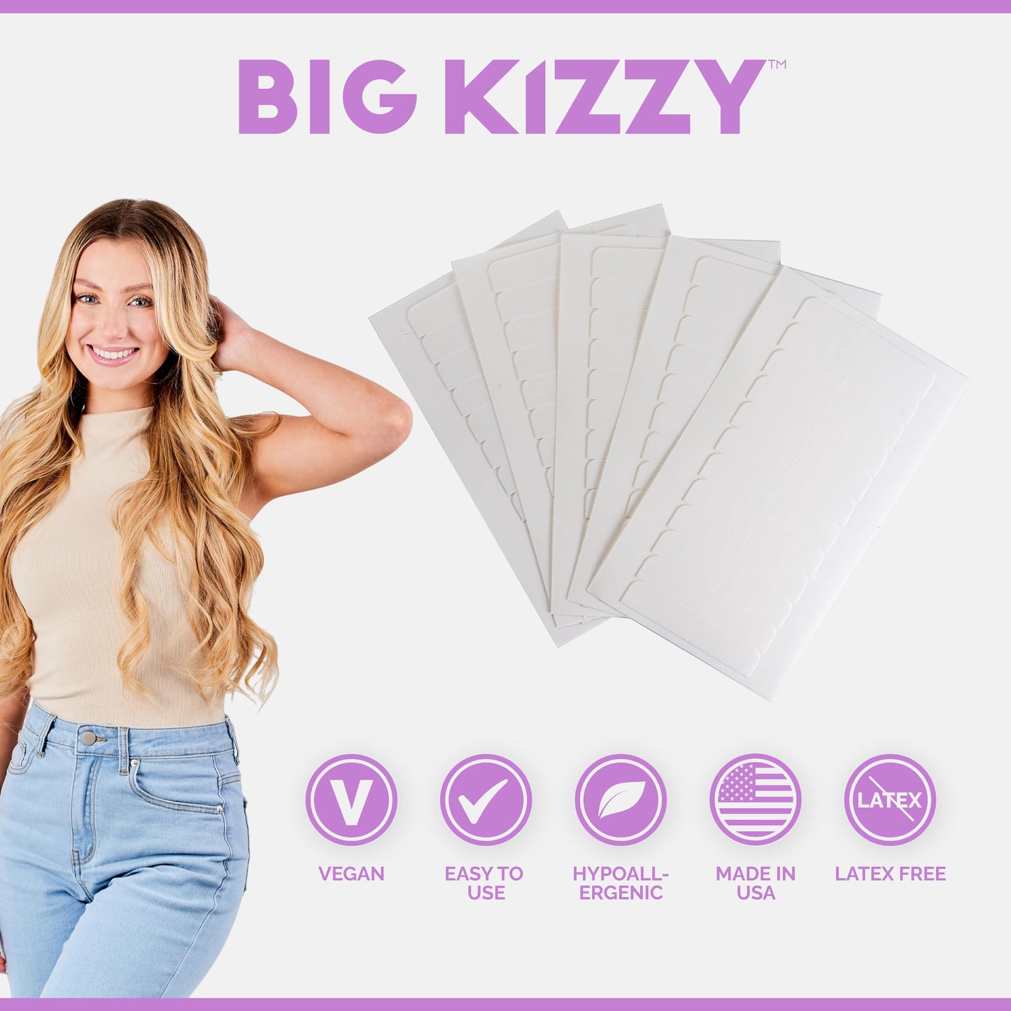 Big Kizzy Double Sided Ultra Stick Replacement Tape Tabs for Hair Extensions - 6-8+ weeks of wear - Strong Hold and Residue Free Tape for Tape In Hair Extensions - 144 Tabs