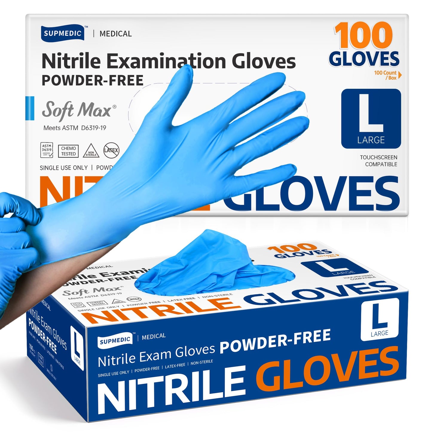 Supmedic Soft Max Medical Nitrile Exam Gloves Powder-Free Blue 100 Pcs (L)