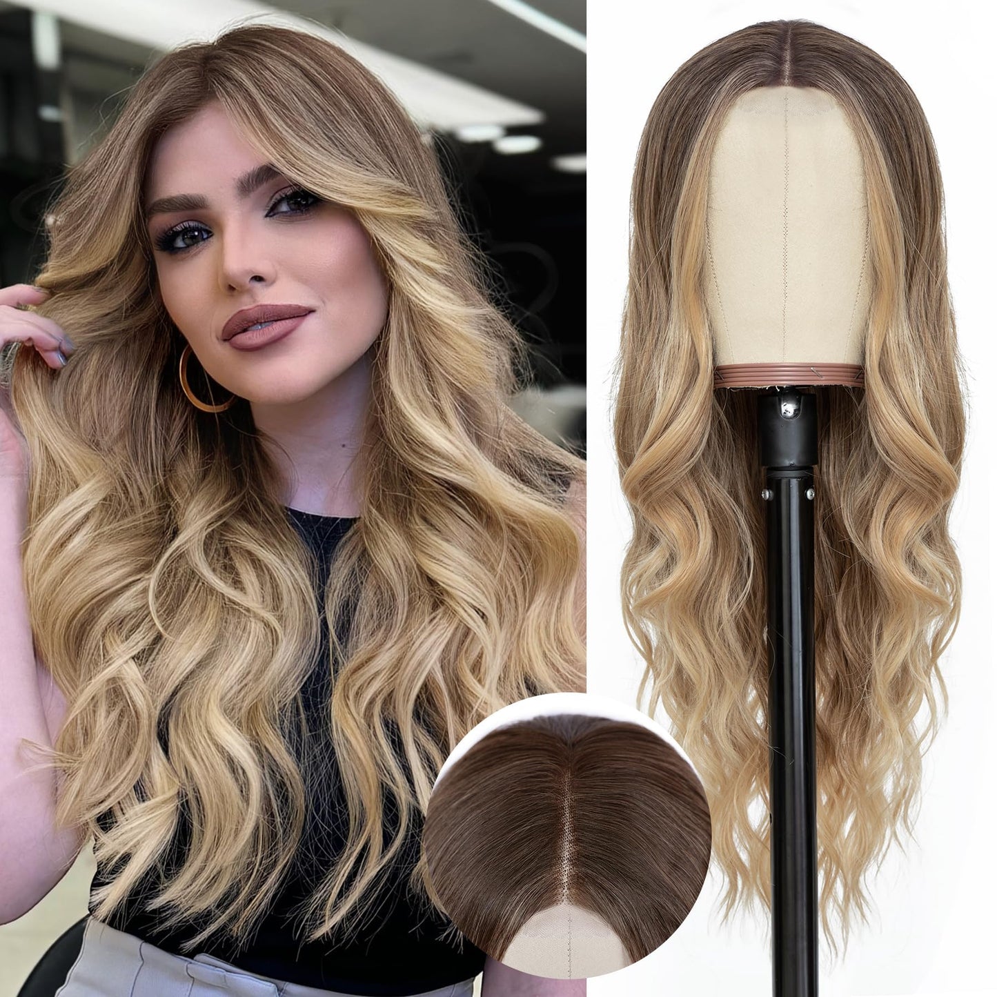 NAYOO Long Ombre Blonde Wavy Wig for Women 26 Inch Middle Part Lace Hairline Curly Wavy Wig Natural Looking Synthetic Heat Resistant Fiber for Daily Party Use