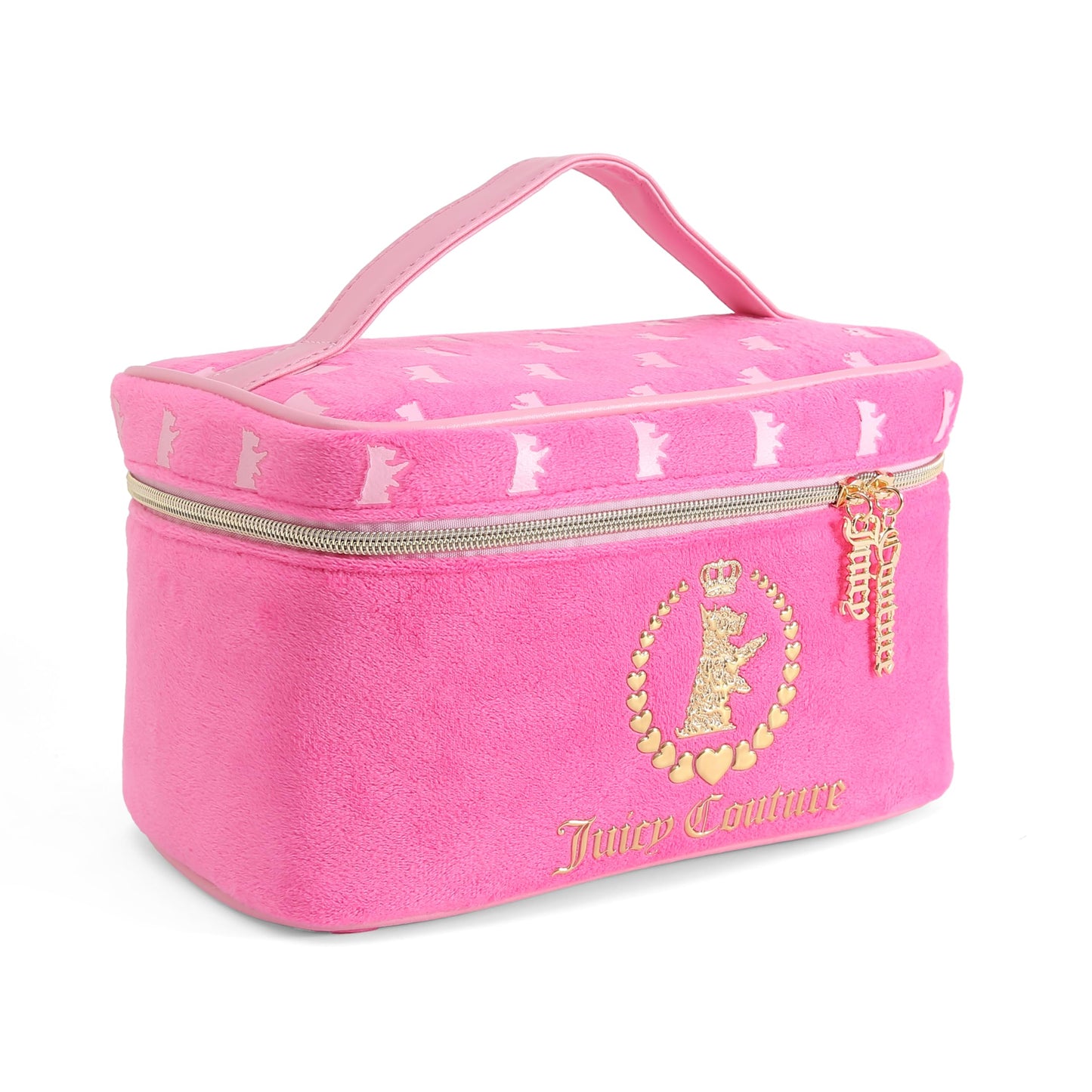 Juicy Couture Hot Pink Makeup Bag Cosmetics Organizer Travel Essentials Train Case Gold Terroir Dog Crown Velour