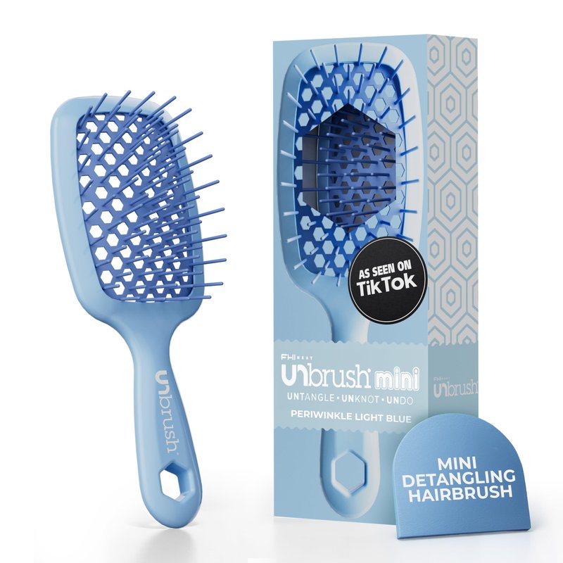 FHI Heat UNbrush Mini Detangler Brush for Pain-Free Brushing on All Wet or Dry Hair Types — Durable Duoflex Anti-Static Bristles, Lightweight Handle, Vented Mini Hair Brush, Periwinkle Light Blue