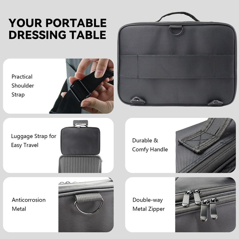 MORMID Travel Makeup Case 3 Layers Portable Makeup Train Case Cosmetic Bag Organizer Storage for Women with Adjustable Dividers and Shoulder Strap for Toiletry Travel Accessories(Black,XL)