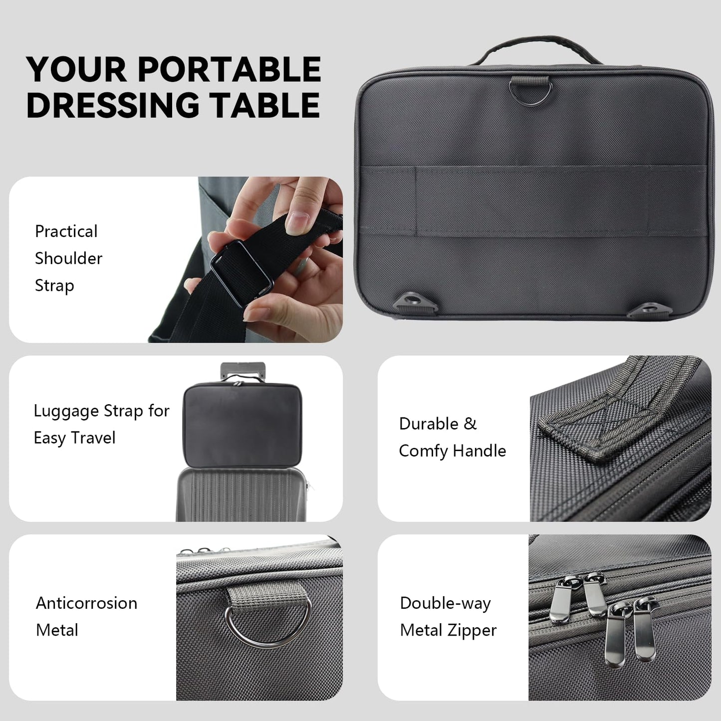 MORMID Travel Makeup Case 3 Layers Portable Makeup Train Case Cosmetic Bag Organizer Storage for Women with Adjustable Dividers and Shoulder Strap for Toiletry Travel Accessories(Black,XL)