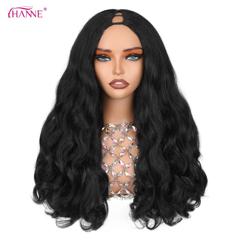 HANNE Yaki Curly V Part Wig U Part Synthetic Half Wigs for Black Women 22 Inch Heat-Resistant Hair Replacement Wig (Natural Black)