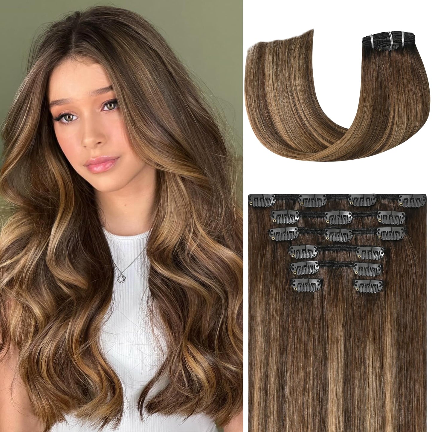 Ukira Balayage Clip in Hair Extensions Real Human Hair, 12 Inch 75g 4/27/4 Chocolate Brown to Caramel Blonde Ombre Human Hair Extensions, Natural Straight Remy Human Hair Clip ins for Women