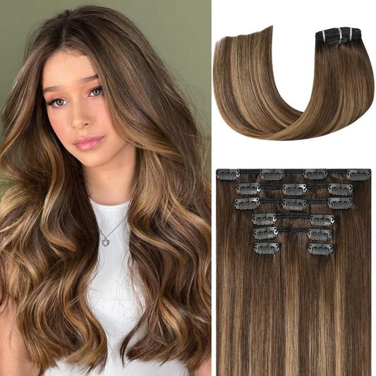 Ukira Balayage Clip in Hair Extensions Real Human Hair, 12 Inch 75g 4/27/4 Chocolate Brown to Caramel Blonde Ombre Human Hair Extensions, Natural Straight Remy Human Hair Clip ins for Women
