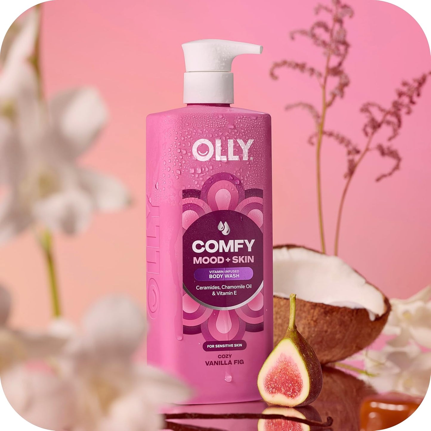 OLLY Body Wash - Comfy Mood Hydrating Formula with Ceramides, Chamomile Oil & Vitamin E | Cozy Vanilla & Fig Scent, 17 Fl Oz