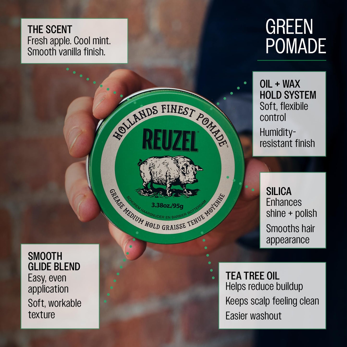 REUZEL Green Grease Pomade, Medium All Day Hold, Oil-Based Styling Wax, Medium Shine, Easy To Wash Out, For All Hair Types