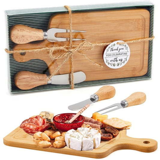 Ziliny 1 Set Bridal Baby Shower Cheese Prizes Wooden Square Board Gift Set Knives Forks Thank You Tags with Box for Guests for Valentines Bridal Baby Shower Housewarming Gifts (Bamboo Color)