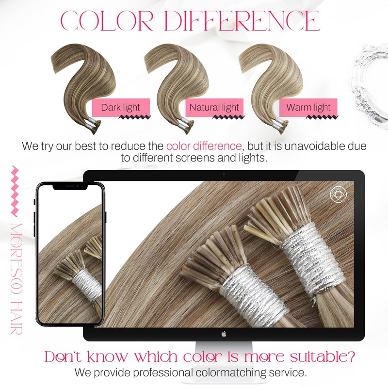 Moresoo I Tip Hair Extensions Human Hair Light Brown with Platinum Blonde Highlight Itip Human Hair Extensions Brown I Tip Extensions Real Human Hair for Women 40G/50S 20 Inch