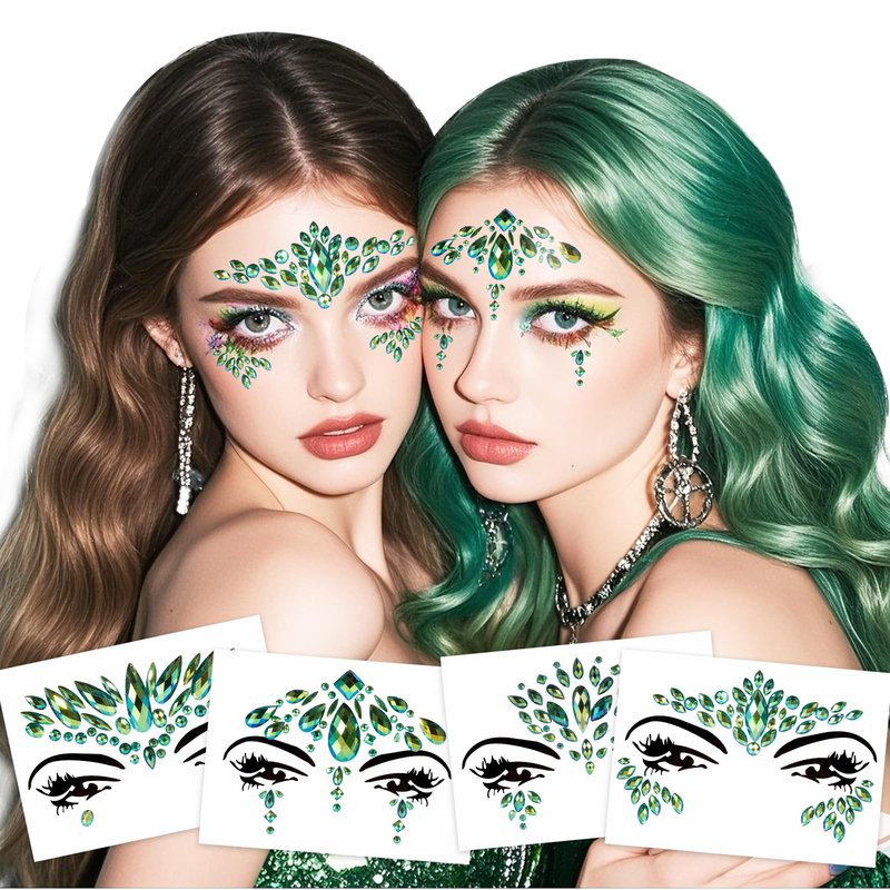 4-Pack Green Face Gems Tattoo,Tears Jewels Temporary Tattoos Stickers for Halloween Festival Music Carnival Party Makeup