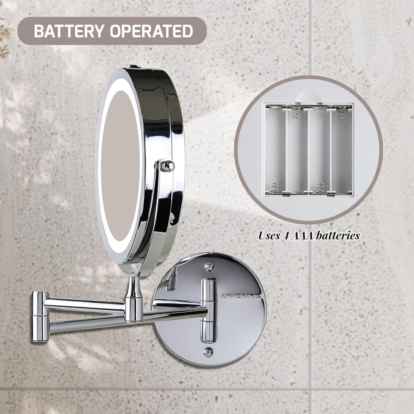 Lighted Makeup Mirror - 7-Inch Double-Sided 1X/10X Magnification | LED, Cordless, 360° Rotation, Polished Chrome