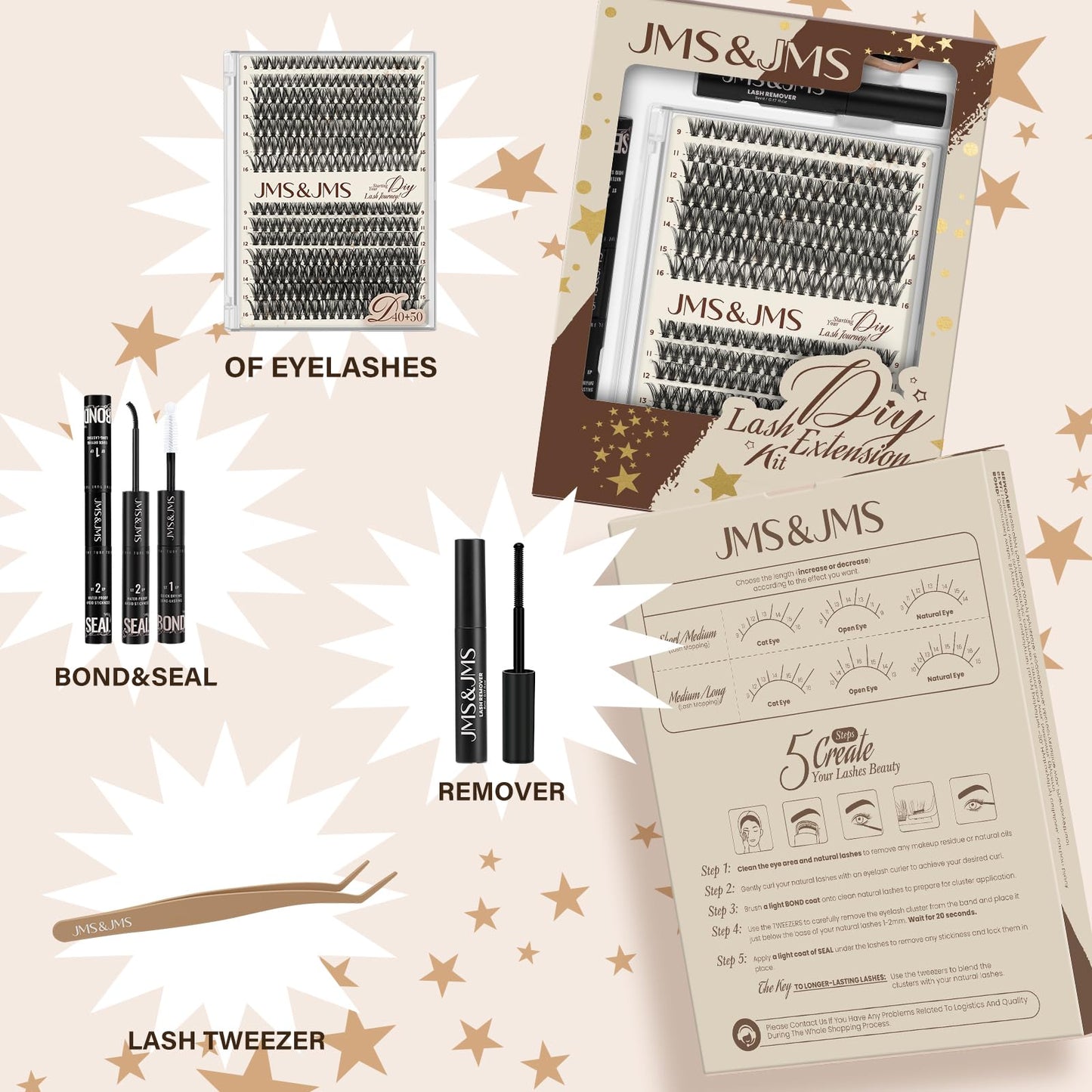 JMS&JMS DIY Lash Extension Kit Lash Clusters Kit 40D+50D D Curl Individual Lashes Eyelash Extension Kit 280 pcs Thin Band Cluster Lashes Lash Bond and Seal Tweezers Easy to apply