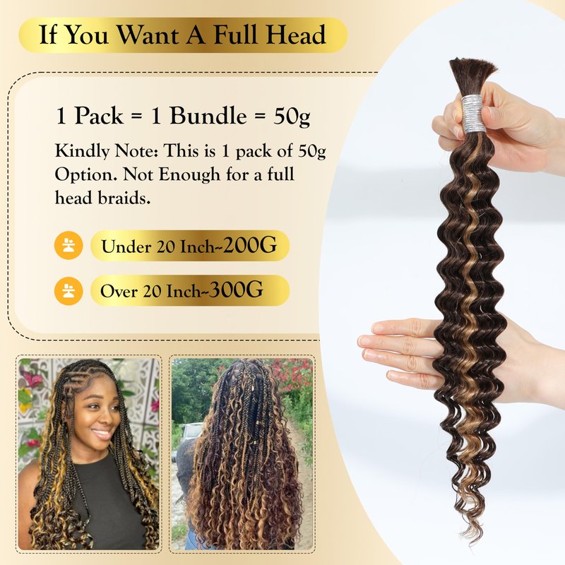 Syrenlore Highlighted Honey Blonde Braiding Human Hair for Boho Knotless Braids 18 Inch 50G LIGHT BULK, Ombre 4/27 Curly Braiding Hair Deep Wave Human Hair Bulk, No Weft Blonde & Brown Hair Extensions