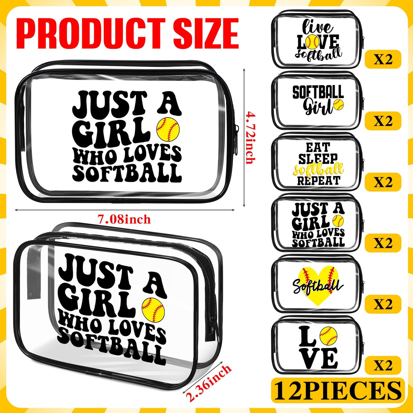 Reginary 12 Pcs 7 x 4.7 x 2.4'' Softball Makeup Bag Softball Gifts for Team Clear PVC Softball Cosmetic Case Softball Goodie Bag Stuffers Accessories for Woman Toiletry Zipper Pouch Team Party Favors