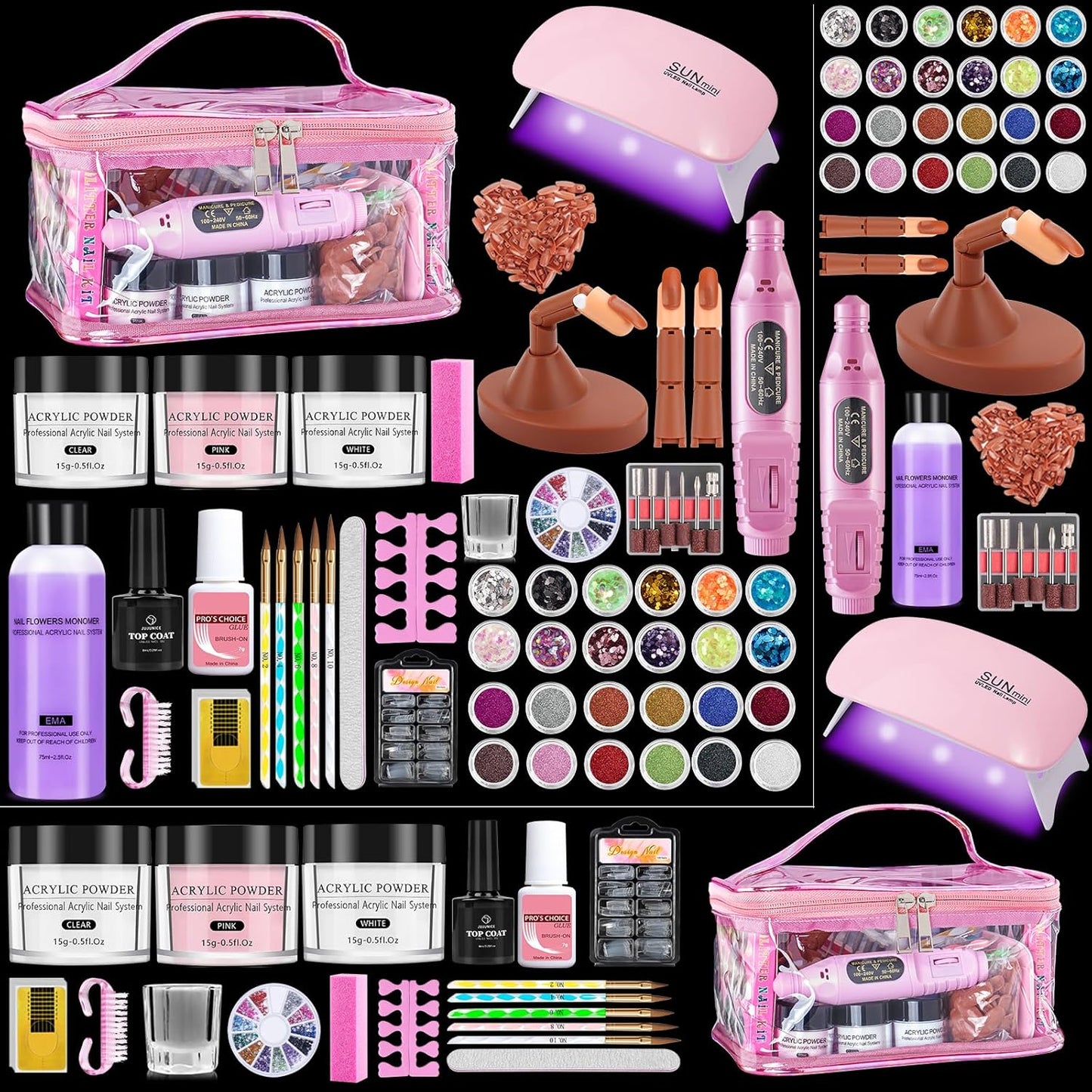 Nail Kit for Beginners - Complete Acrylic Powder Set with UV Light & Practice Finger | Rose Pink