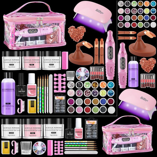 Nail Kit for Beginners - Complete Acrylic Powder Set with UV Light & Practice Finger | Rose Pink