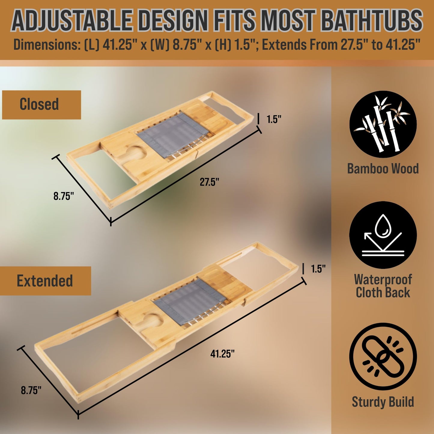 Bamboo Bathtub Caddy Tray with Extending Wood Sides -Fits Any Bath, Hot Tub and Jacuzzi