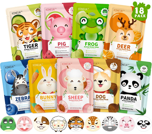KONEUK 18 Pack Animal Face Mask for Kids, Bulk Sheet Face Masks Skincare for Girls, Collagen Hydrating Face Mask Spa Party Gifts for Teens, Sleepover Party Supplies, Birthday Gifts for Women
