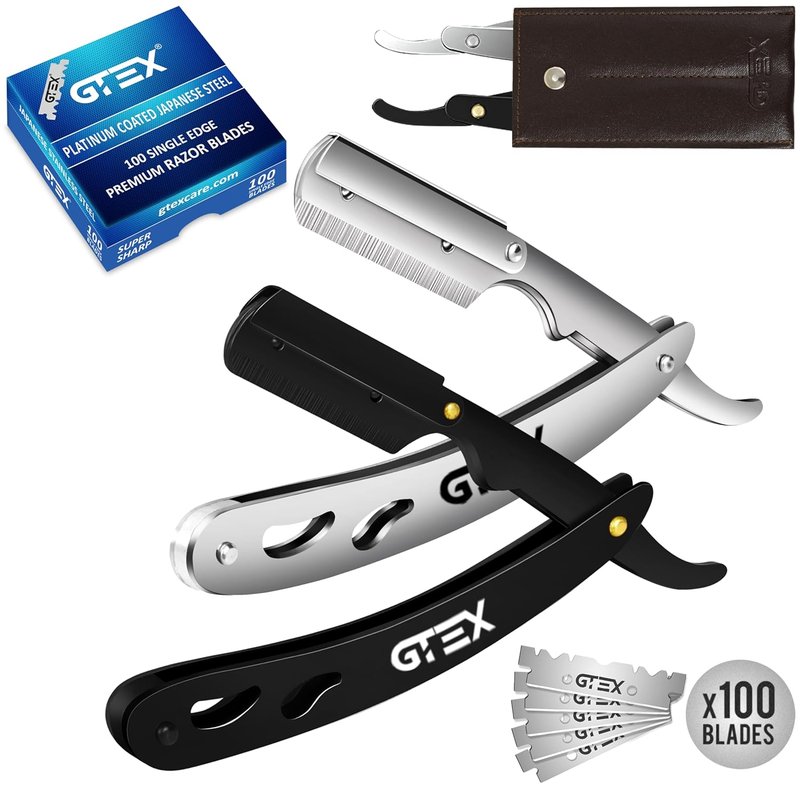Straight Razors for Men - 2 Professional Single Blade Barber Razors | Premium Shaving Kit with GTEX Blades