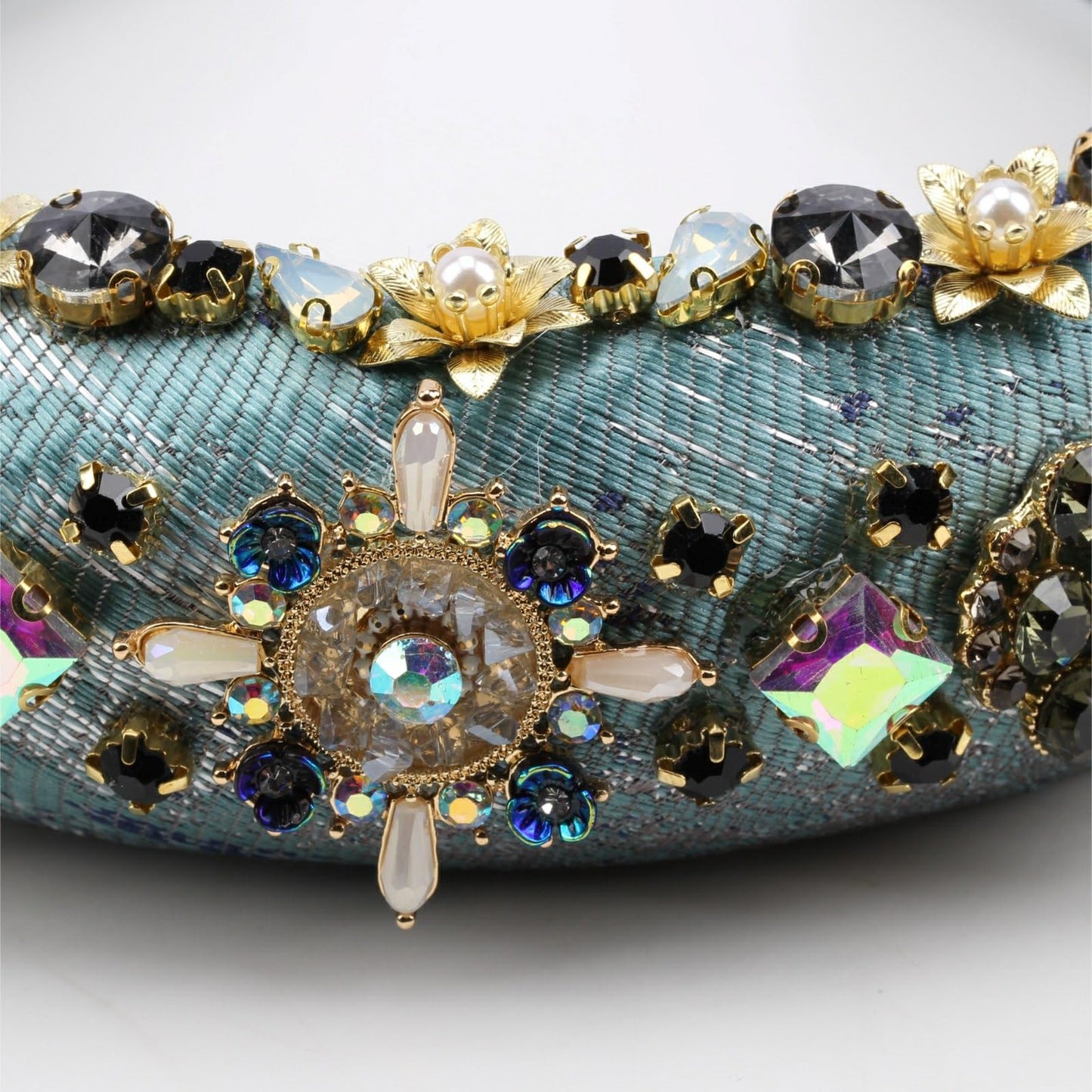 Florate Luxury Baroque Big Wide Crystal Headband for Women Pearl Rhinestone Bead Decorative Hairband Jeweled Head Hoop Party Accessories (HDDY1081-blue)
