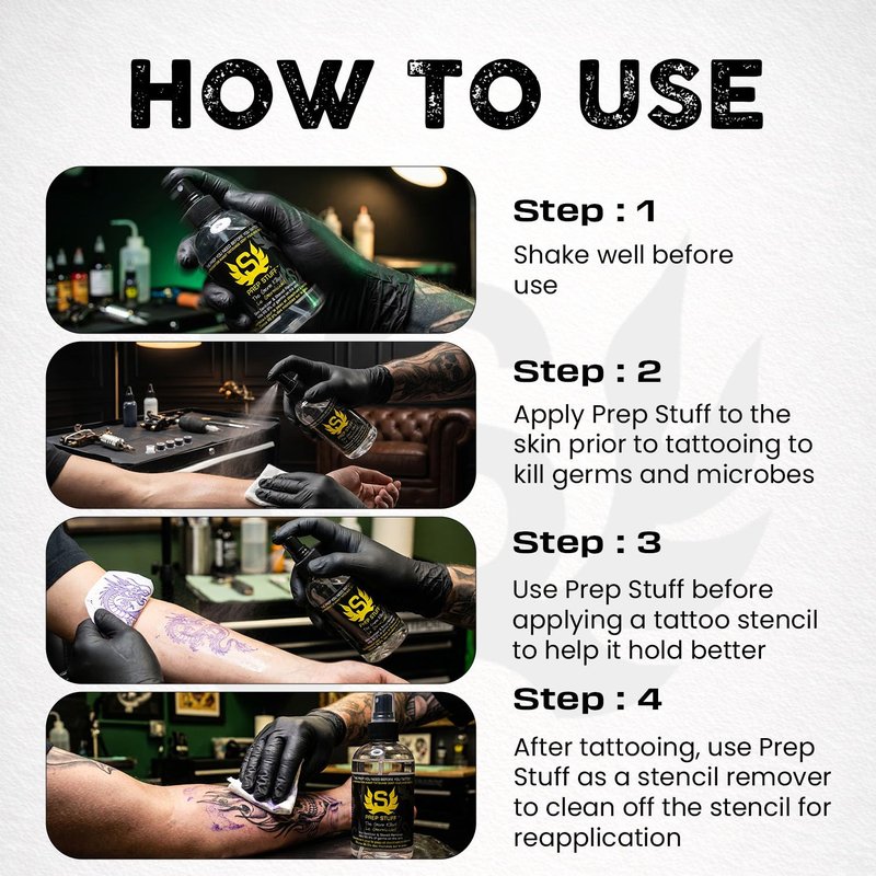 Stencil Stuff Prep Stuff Tattoo Prep Spray, 8oz Pre-Tattoo Skin Cleanser & Stencil Remover, Vegan-Friendly Tattoo Skin Prep Solution for Professional Artists, Removes Oil and Residue