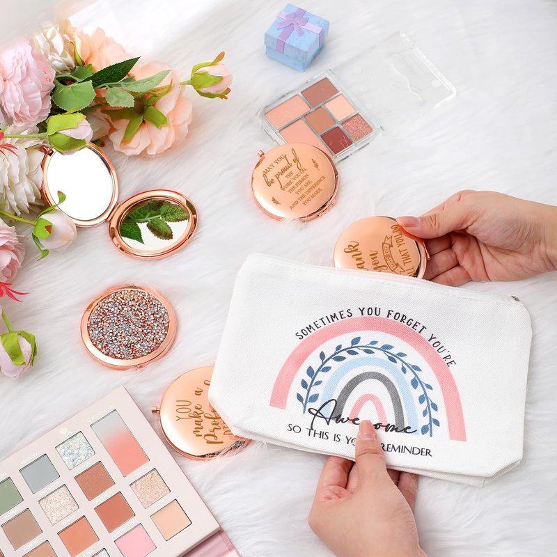 Inspirational Compact Mirror - 10 Pcs Thank You Gifts for Women | Portable Round Makeup Mirror in Rose Gold