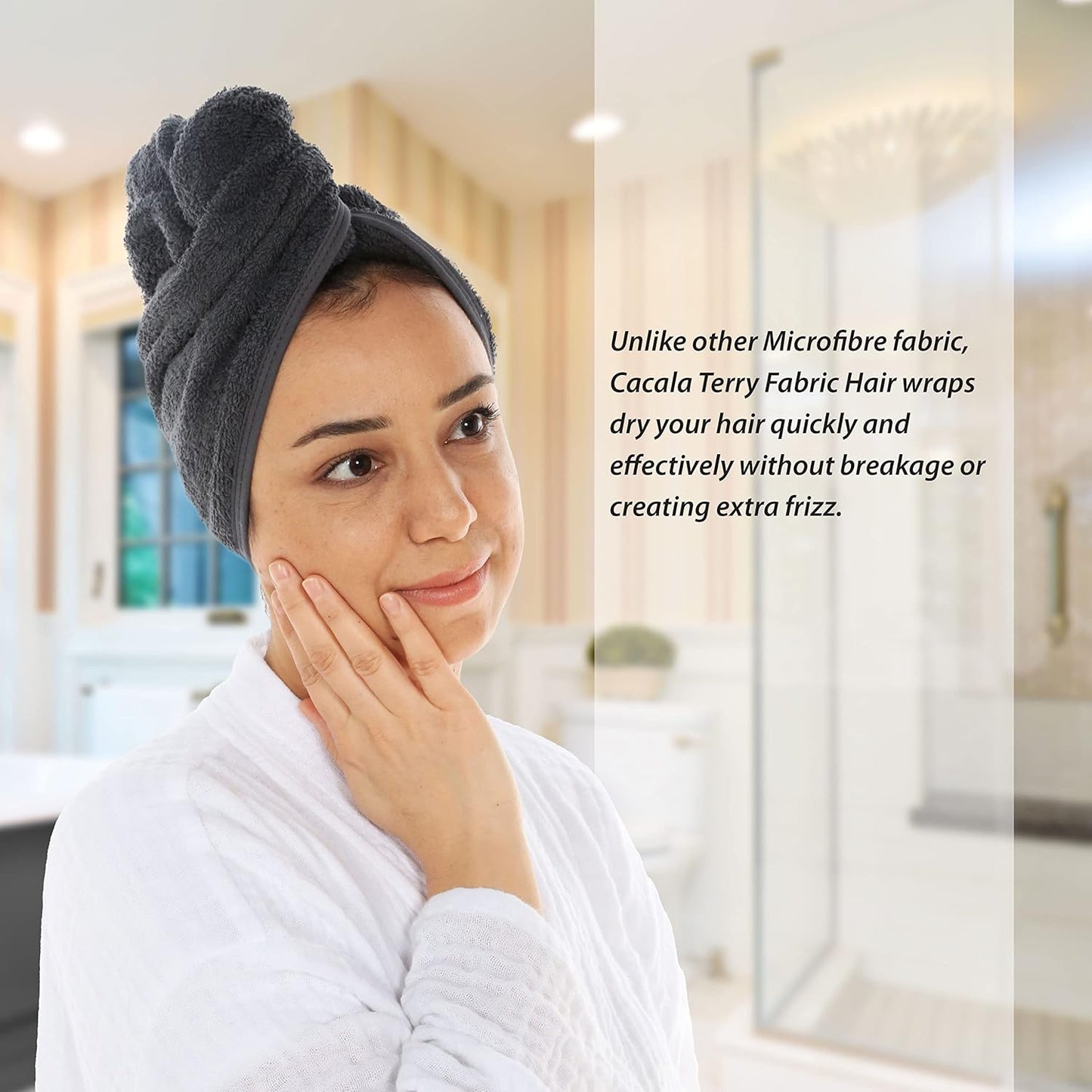 Cacala Terry Cloth Shower Cap for Women - Luxurious Non-Frizz Hair Wraps | Highly Absorbent with Holding Loop & Buttons - 3pcs